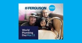 Ferguson World Plumbing Day Graphic - a plumber posing with Navajo children near a new kitchen sink